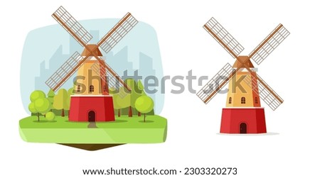 Mill dutch farm vector flour windmill flat graphic design illustration on field and isolated clipart cartoon image, wooden old retro wind fan scene clip art