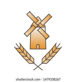 mill and ears logo - ancient traditional rural windmilll  farm power ecology. Wind mill flat vector illustration

