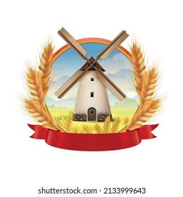 Mill emblem decorated with grain spikes and red ribbon realistic composition isolated vector illustration