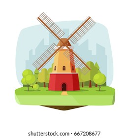 Mill farm on nature landscape vector illustration, flat carton style retro dutch windmill near forest on city background