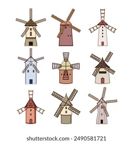 mill farm set cartoon. wind village, hand flour, wheat old mill farm sign. isolated symbol vector illustration