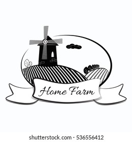 Mill in a field. Editable EPS10 monochrome vector illustration. You can replace text with your own.