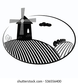 Mill in a field. Oval black and white logo. Editable EPS10 vector illustration.