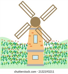 Mill, field of tulips and spring mood, vector flat illustration