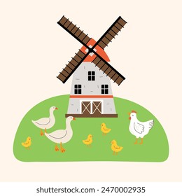 Mill, geese and chickens on grass. Farm. Vector illustration in flat style. White isolated background