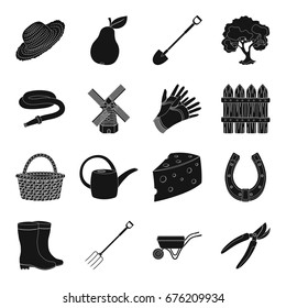 Mill, gloves, fence and other farm equipment. Farm and gardening set collection icons in black style vector symbol stock illustration web.