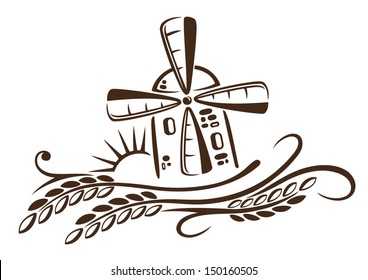 Mill with grain and sun, brown bakery vector design element.