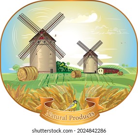 mill for grinding wheat fields with a harvest of hay in stacks harvesting