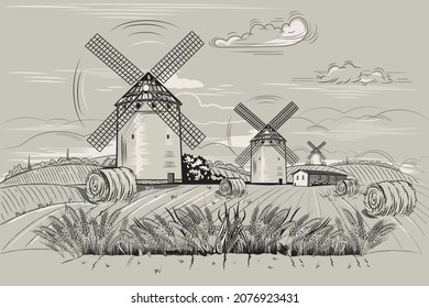 mill for grinding wheat fields with a harvest of hay in stacks harvesting