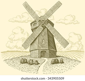 Mill. Hand drawn engraving. Vector vintage illustration. 8 EPS 