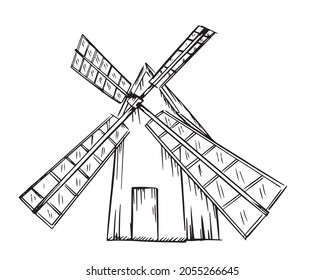 The mill is hand drawn in the style of black and white graphics