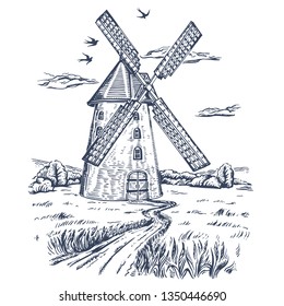 Mill. Hand drawn vintage windmill. Engraved style vector illustration. isolated on white background. Rural field with ripe wheat on the background of the windmill, swallows and clouds