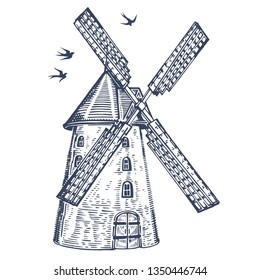 Mill. Hand drawn vintage windmill. Engraved style vector illustration isolated on white background. Elements windmill, swallows for your design works