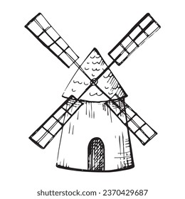 Mill hand drawn vintage windmill with engraving vector illustration on isolated background. Agriculture, harvesting, farm flour and bread.Windmill Sketch for emblem, logo, design, print, card, icon