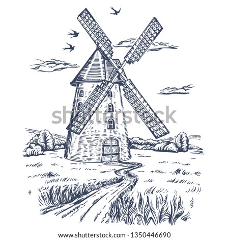Mill. Hand drawn vintage windmill. Engraved style vector illustration. isolated on white background. Rural field with ripe wheat on the background of the windmill, swallows and clouds