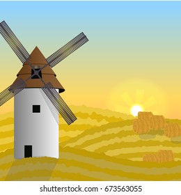 Mill and haystacks on a wheat field. Dawn at the time of harvest. Thanksgiving Day. Autumnal vector landscape can be used in newsletter, brochures, postcards, banner.