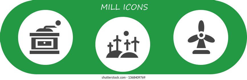 mill icon set. 3 filled mill icons.  Collection Of - Grinder, Windmill