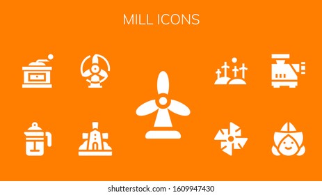 mill icon set. 9 filled mill icons.  Simple modern icons such as: Windmill, French press, Grinder, Dutch, Meat grinder