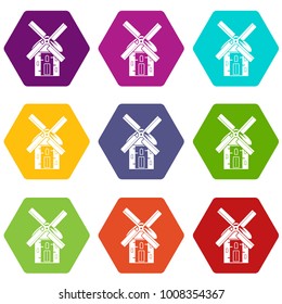 Mill icon set many color hexahedron isolated on white vector illustration