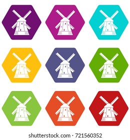 Mill icon set many color hexahedron isolated on white vector illustration