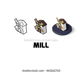 Mill icon, vector symbol in flat, outline and isometric style