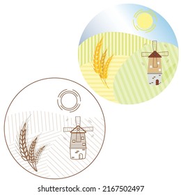 El icono del molino. Campos de trigo, molino de viento para el procesamiento de granos, vector, eps10