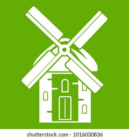Mill icon white isolated on green background. Vector illustration