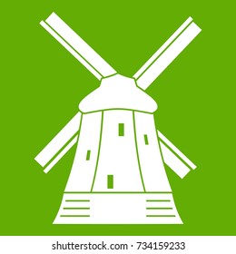 Mill icon white isolated on green background. Vector illustration