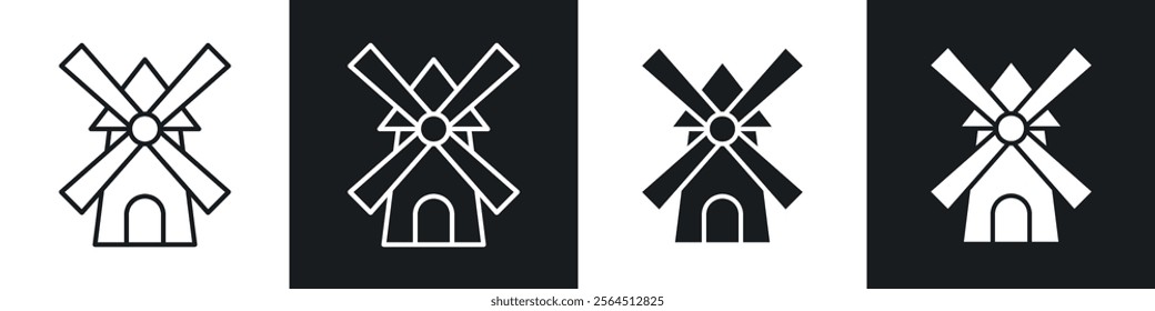 Mill icons collection in black filled and line style.
