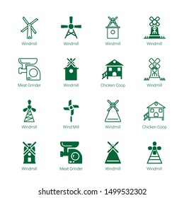 mill icons. Editable 16 mill icons. Included icons such as Windmill, Meat grinder, Chicken coop, Wind Mill. mill trendy icons for web.