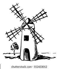 Dibujo de tinta de fresa. Dibujo manual de un molino. 