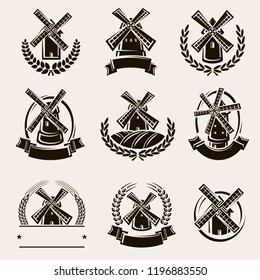 Mill label and icons set. Vector