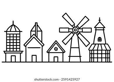 Mill line art illustration showcasing intricate vintage detail