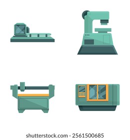 Mill machine icons set cartoon vector. Computer controlled milling machine. Industrial tool