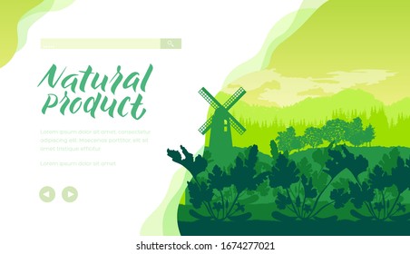 Mill in the middle of an agricultural field, in the first rays of sunrise.  Farm everyday life on the background of the countryside. Vector illustration design concept.