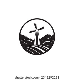 Mill and Mountain Illustration with Outline Strokes in Black and White, Designed in Vector for a Clean Look on a White Background