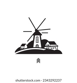 Mill and Mountain Illustration with Outline Strokes in Black and White, Designed in Vector for a Clean Look on a White Background