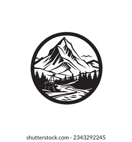 Mill and Mountain Illustration with Outline Strokes in Black and White, Designed in Vector for a Clean Look on a White Background