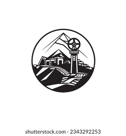 Mill and Mountain Illustration with Outline Strokes in Black and White, Designed in Vector for a Clean Look on a White Background