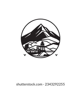 Mill and Mountain Illustration with Outline Strokes in Black and White, Designed in Vector for a Clean Look on a White Background