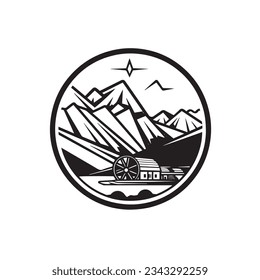 Mill and Mountain Illustration with Outline Strokes in Black and White, Designed in Vector for a Clean Look on a White Background