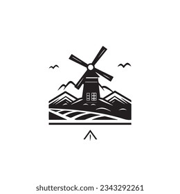 Mill and Mountain Illustration with Outline Strokes in Black and White, Designed in Vector for a Clean Look on a White Background