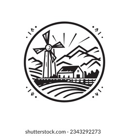 Mill and Mountain Illustration with Outline Strokes in Black and White, Designed in Vector for a Clean Look on a White Background