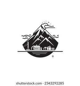 Mill and Mountain Illustration with Outline Strokes in Black and White, Designed in Vector for a Clean Look on a White Background