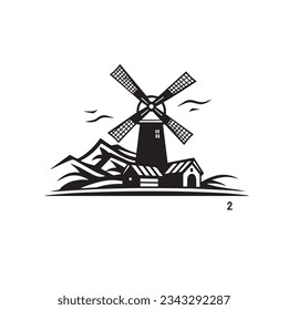 Mill and Mountain Illustration with Outline Strokes in Black and White, Designed in Vector for a Clean Look on a White Background