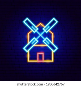 Mill Neon Sign. Vector Illustration of Building Promotion.
