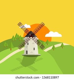 Mill on green landscape of nature. Dutch windmill. Rural Element of village, countryside. Production of natural food. European architecture and landmark of Netherlands. Road, hill and summer field