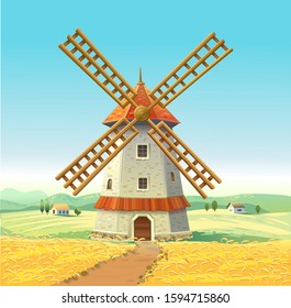 Mill on a sunny field. Wooden Mill. Wheat field. Vector Illustration