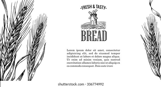 Mill on wheat field. Engraving vintage vector black illustration. Isolated on white background. Hand drawn design element for label and poster