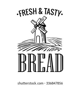 Mill on wheat field. Engraving vintage vector black illustration. Isolated on white background. Hand drawn design element for label and poster